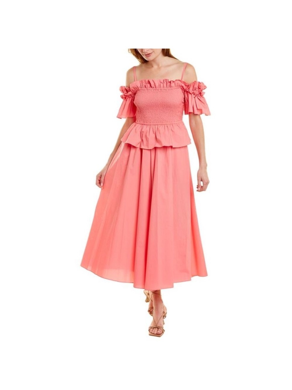 Coral Off-Shoulder Midi Dress with Ruffle Peplum